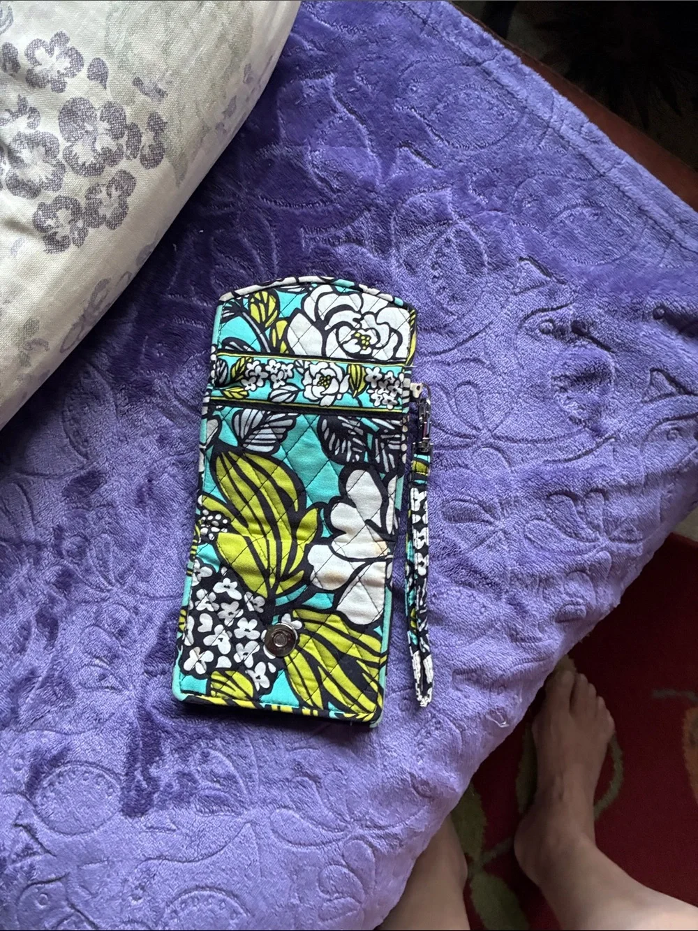 Vera Bradley Quilted Floral Wristlet in Turquoise, Lime & White